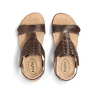 Pair of brown sandals with 'taos' branding on a white background