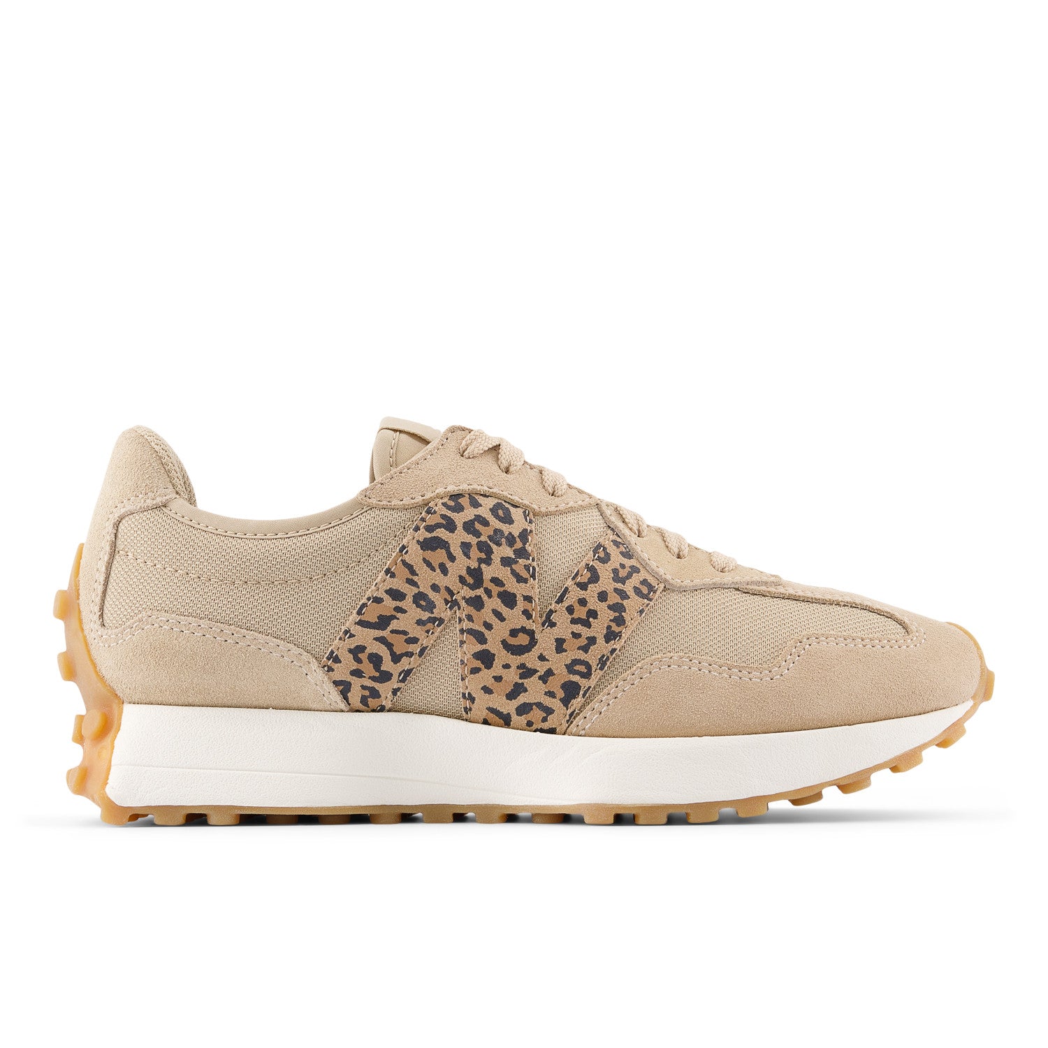 Beige sneaker with leopard print accent on a white background