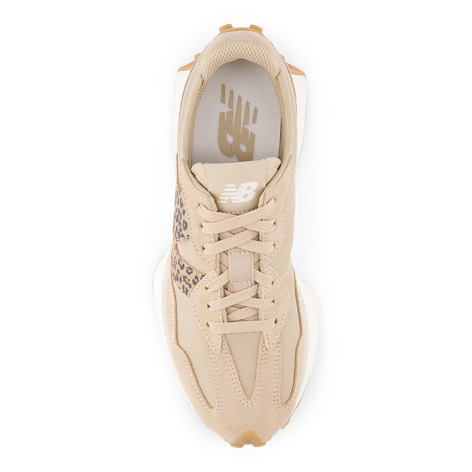 Beige sneaker with leopard print details on a white background