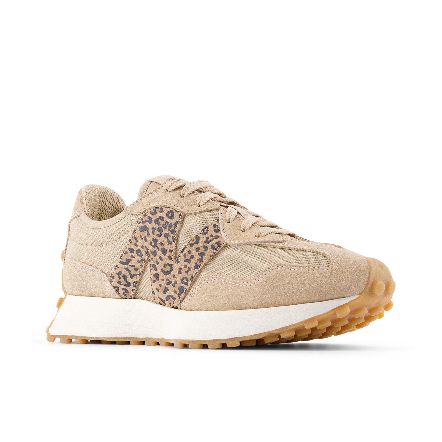 Beige sneaker with leopard print accents on a white background