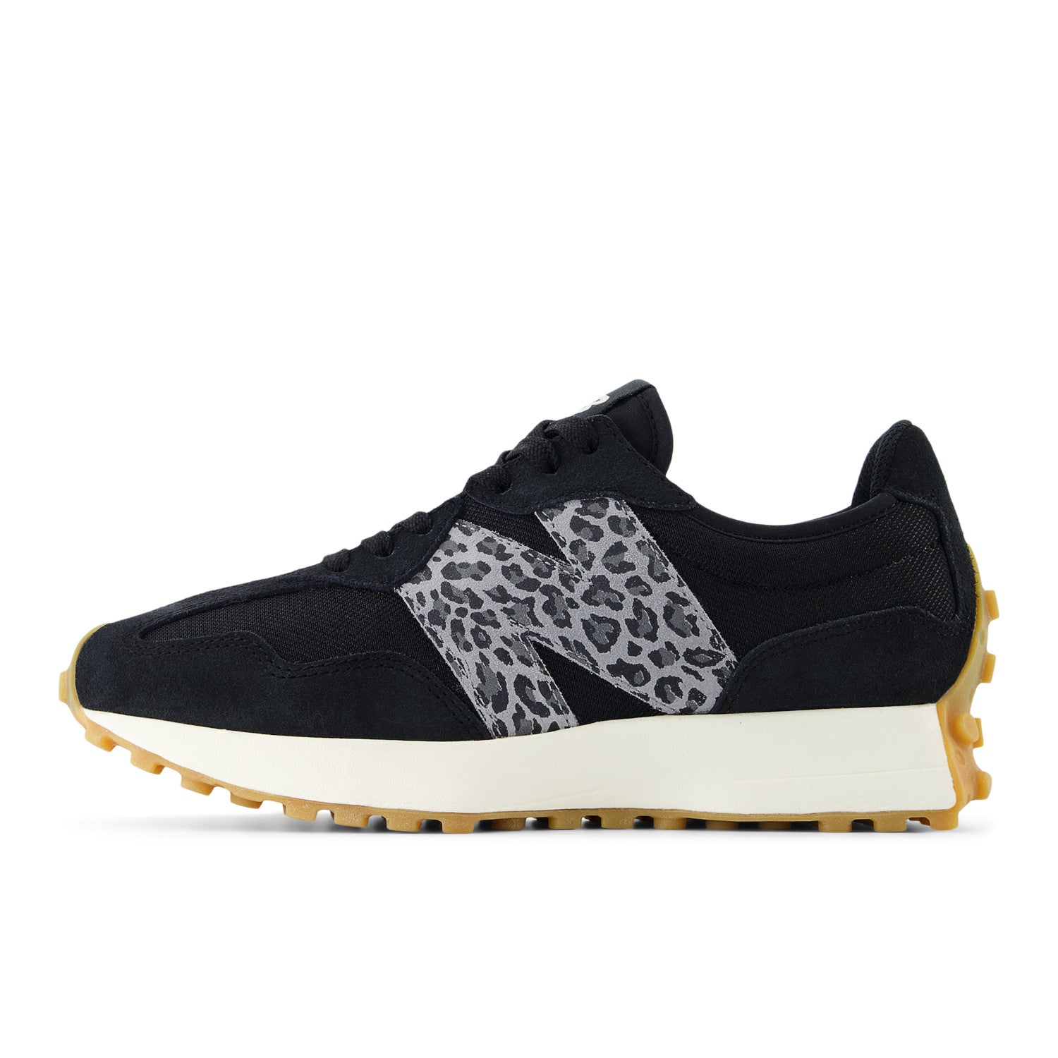 Black sneaker with leopard print accents on a white background