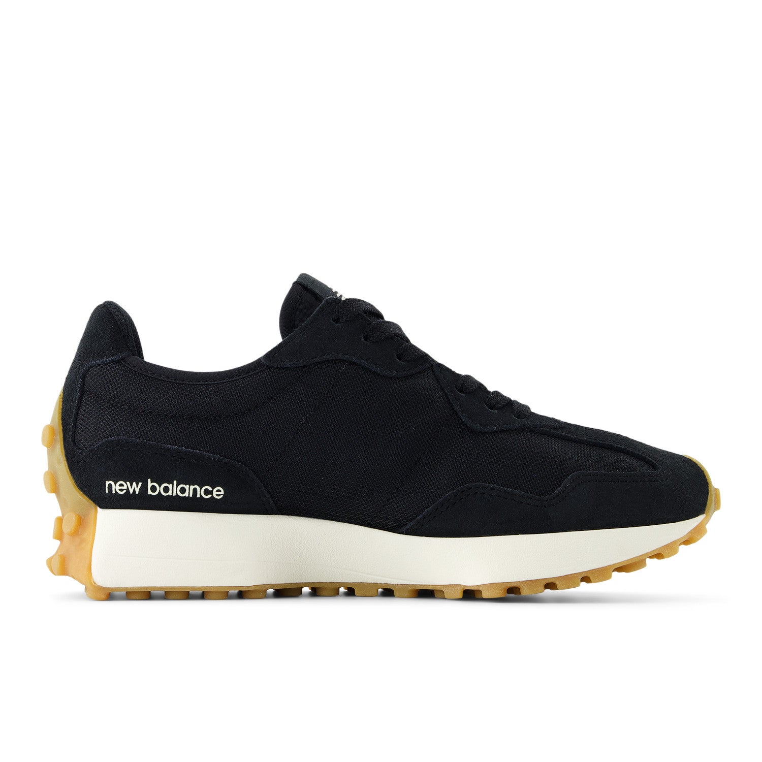 Black New Balance sneaker with a white sole on a white background