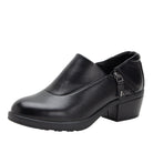 A black leather slip-on wedge shoe with a side zipper and a small metal 'A' logo accent, shown from a side profile on a white background.