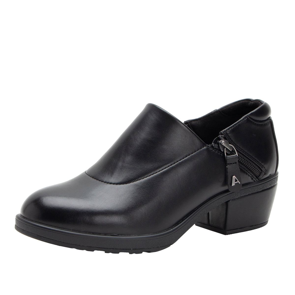 A black leather slip-on wedge shoe with a side zipper and a small metal 'A' logo accent, shown from a side profile on a white background.