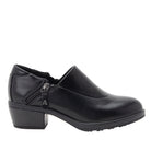 A black leather slip-on shoe with a low block heel, a side zipper, and a small silver-tone metal 'A' accent on the side strap, shown against a plain white background.