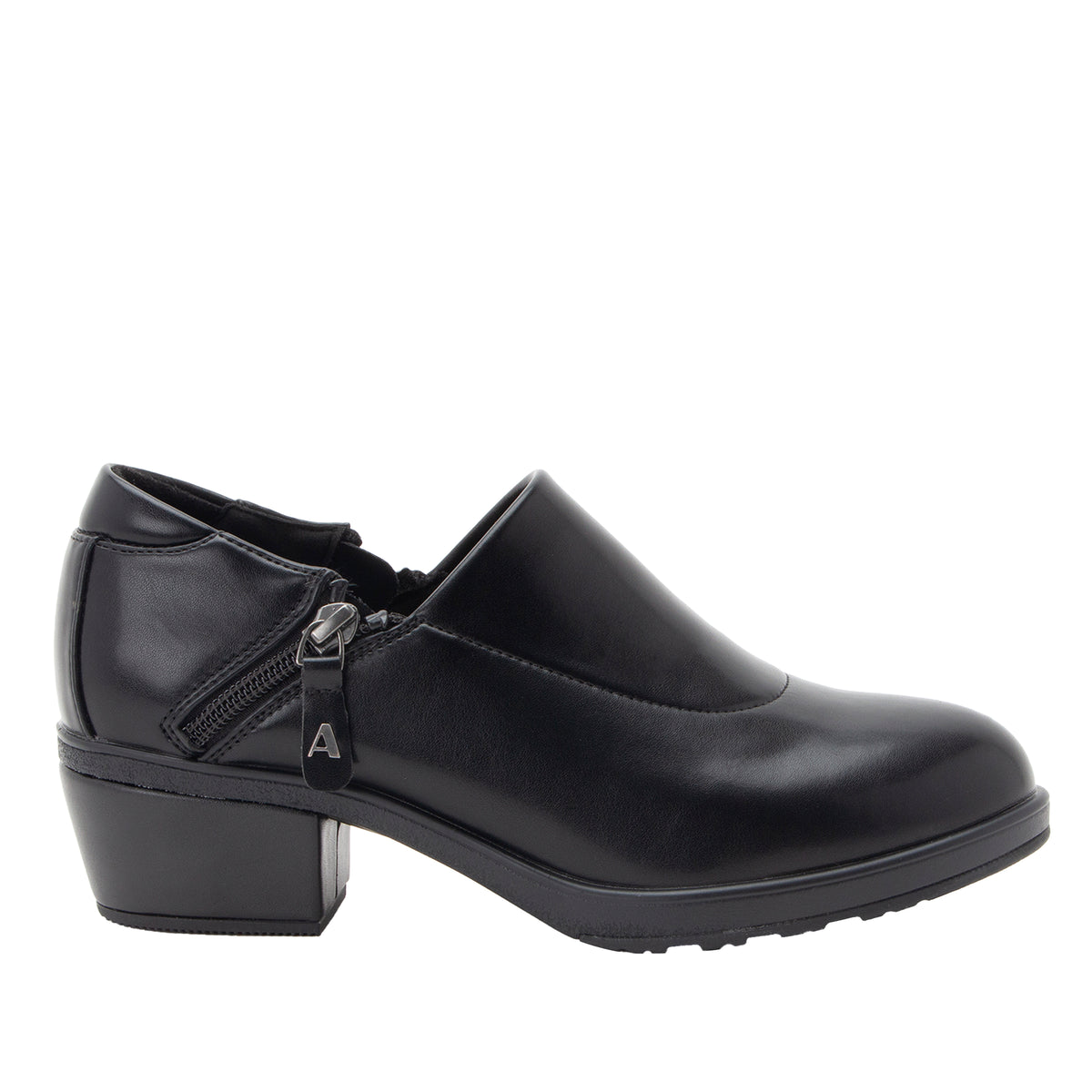 A black leather slip-on shoe with a low block heel, a side zipper, and a small silver-tone metal 'A' accent on the side strap, shown against a plain white background.