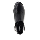 A single black leather ankle boot shown from a top-down view on a plain white background. The boot features silver-tone buckle details on the sides and the brand name 'Alegría' printed in white on the black insole.