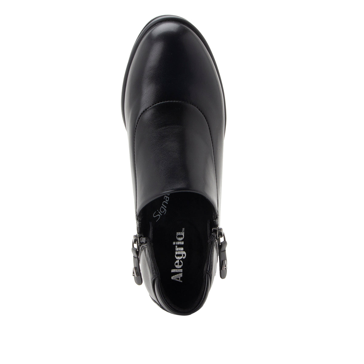 A single black leather ankle boot shown from a top-down view on a plain white background. The boot features silver-tone buckle details on the sides and the brand name 'Alegría' printed in white on the black insole.