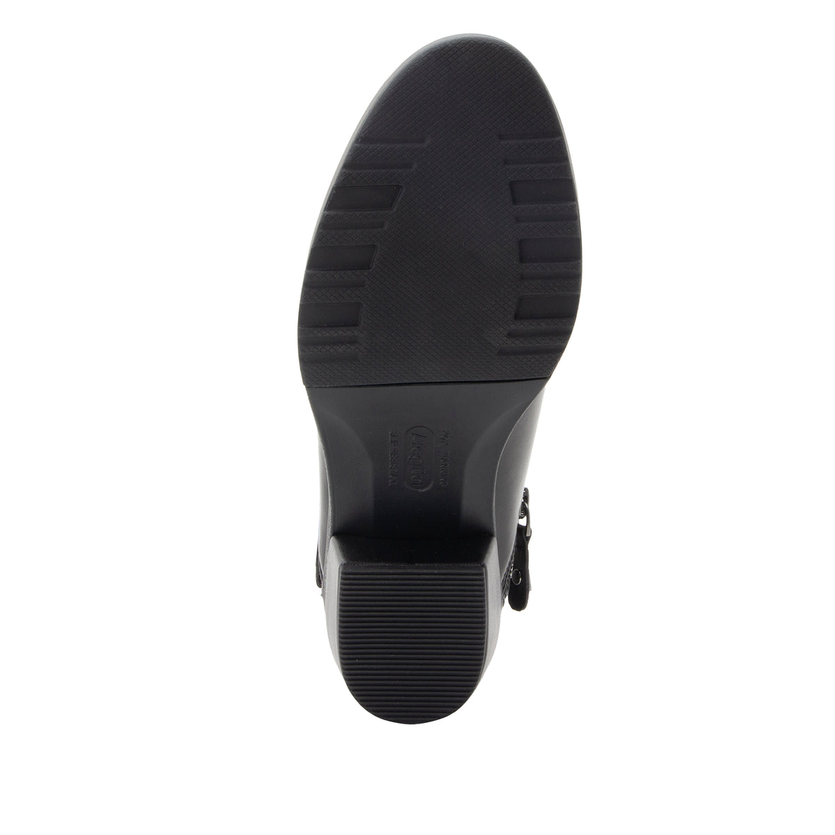 The black rubber outsole of a boot, shown from a top-down view against a plain white background.