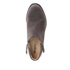 A single gray suede ankle boot shown from a top-down view on a white background, featuring side zippers and a tan insole with the brand name 'Alegria' visible.