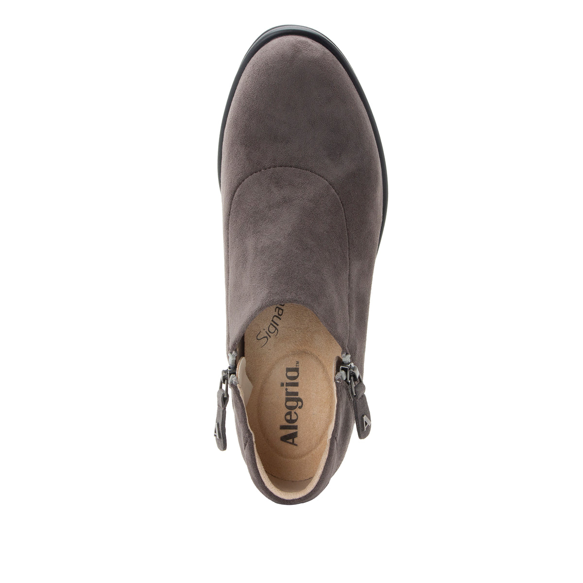 A single gray suede ankle boot shown from a top-down view on a white background, featuring side zippers and a tan insole with the brand name 'Alegria' visible.
