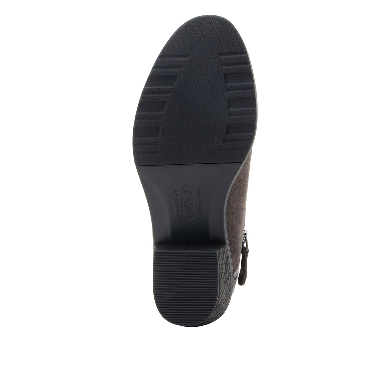 A top-down view of a dark brown boot's sole, showing a black rubber outsole with a ribbed heel and a side zipper, on a plain white background.