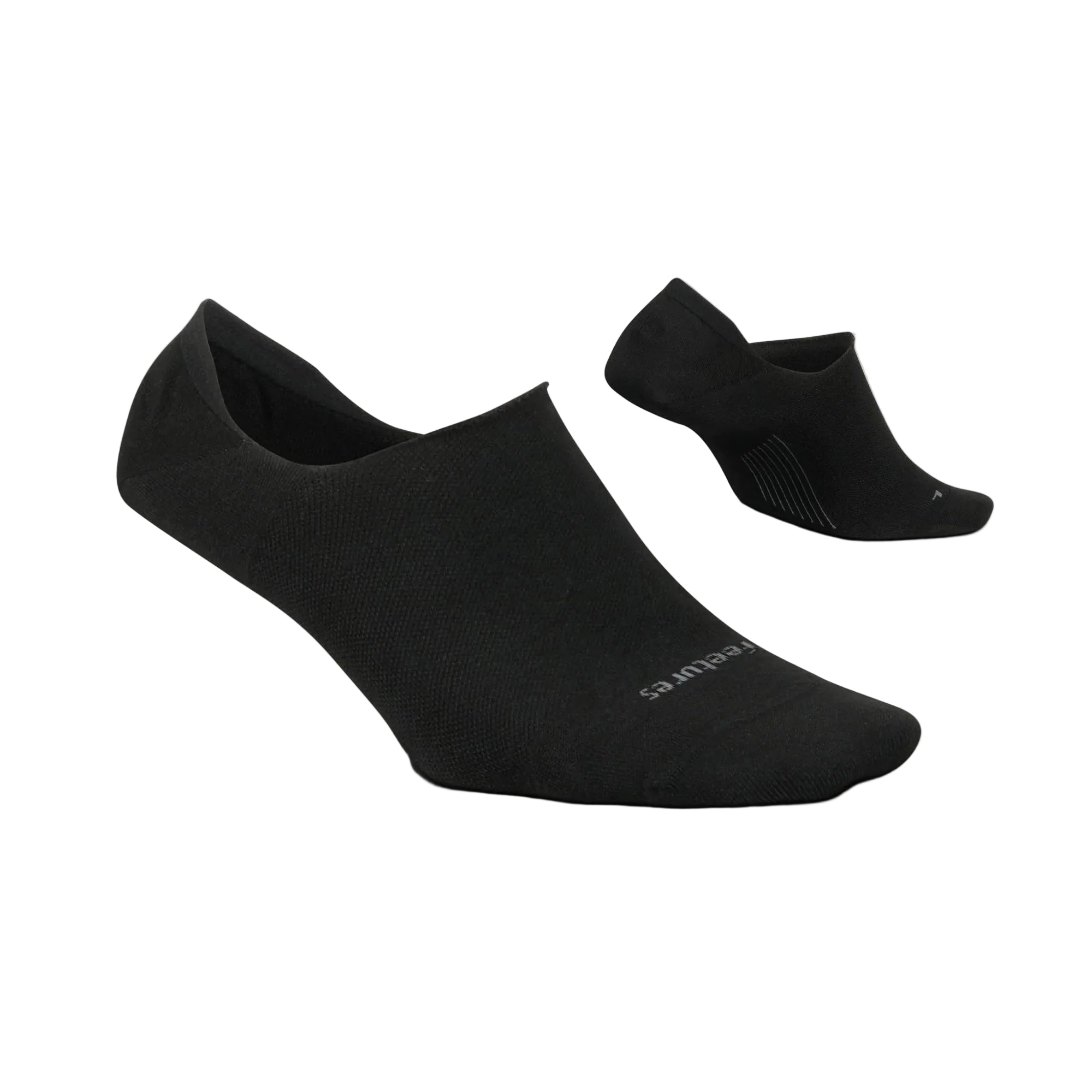 Black no-show socks on a light gray background