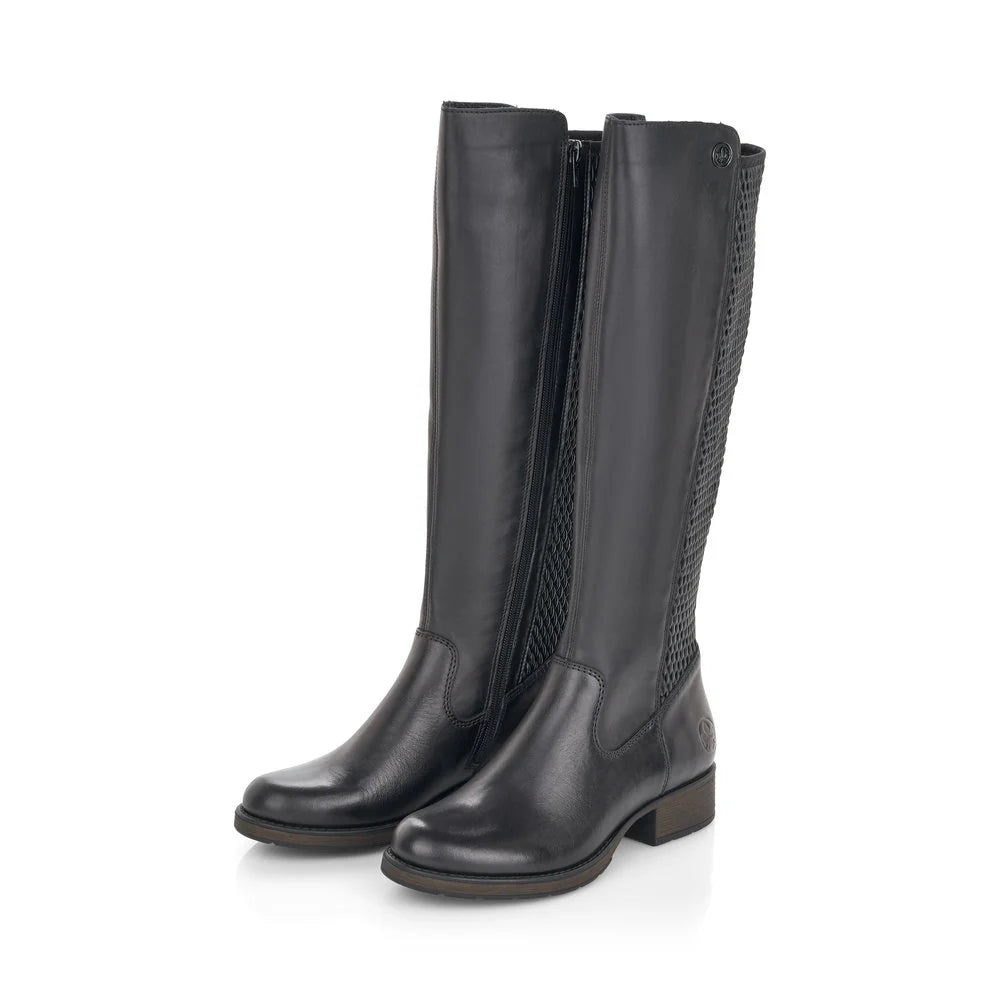 A pair of black knee-high leather riding boots with textured knit side panels, shown on a clean white background.