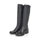 A pair of black knee-high leather riding boots with textured knit side panels, shown on a clean white background.