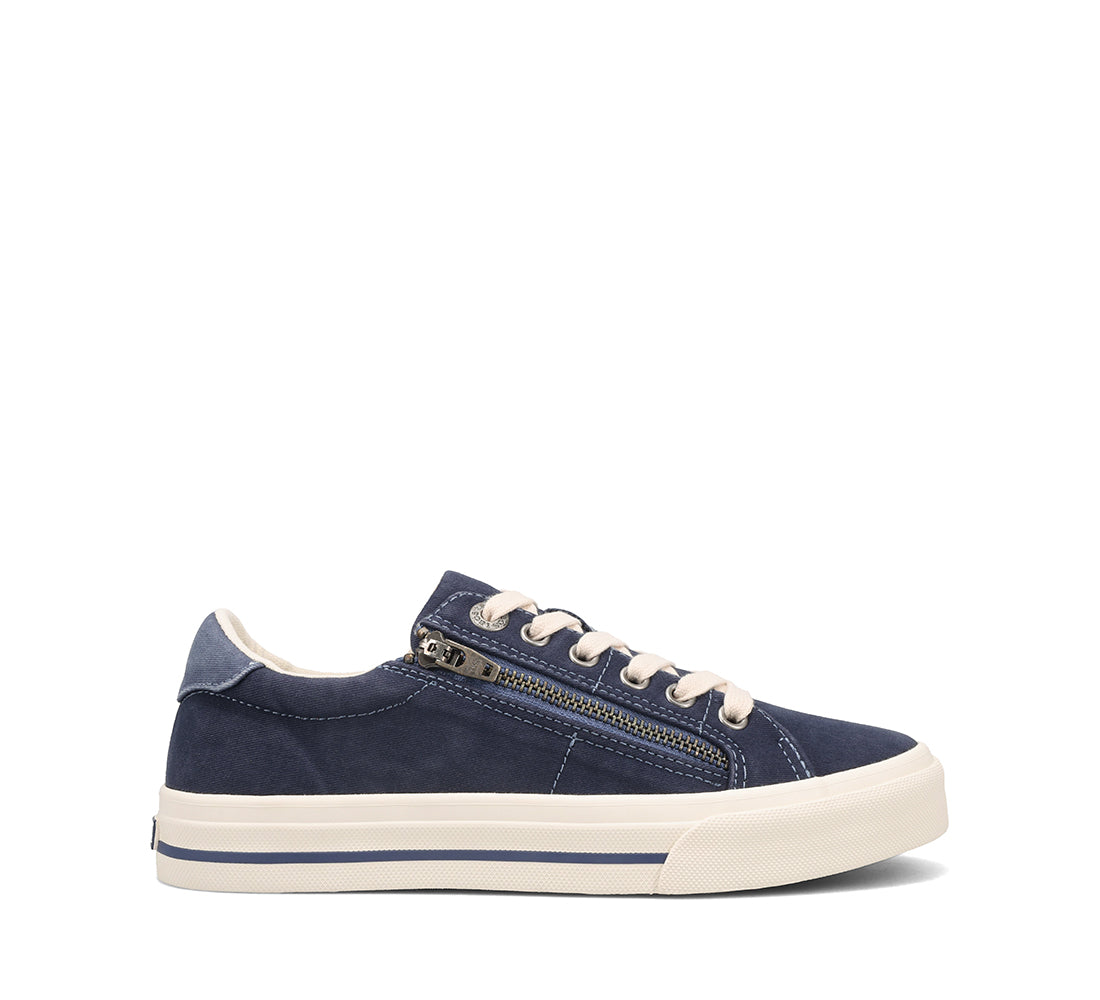 Navy blue sneaker with white laces on a white background