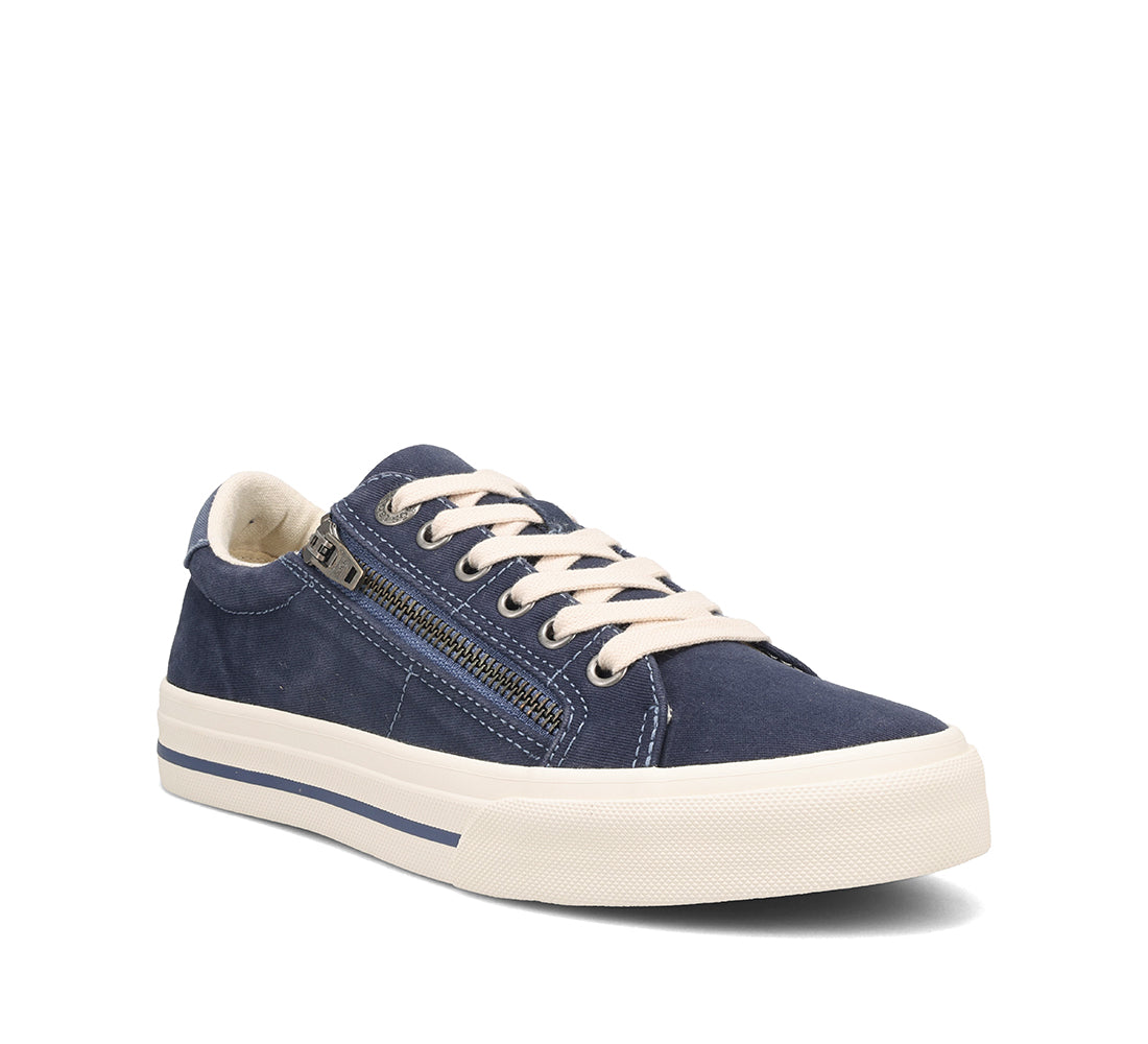 Navy blue sneaker with white laces on a white background