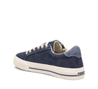Navy blue sneaker with white laces on a white background