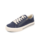 Navy blue sneaker with white laces on a white background