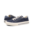 Pair of navy blue sneakers with white soles on a white background