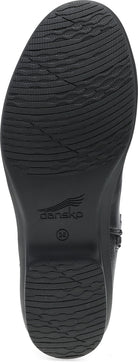 Black leather boot sole with a textured tread pattern and embossed 'dansk' brand logo.