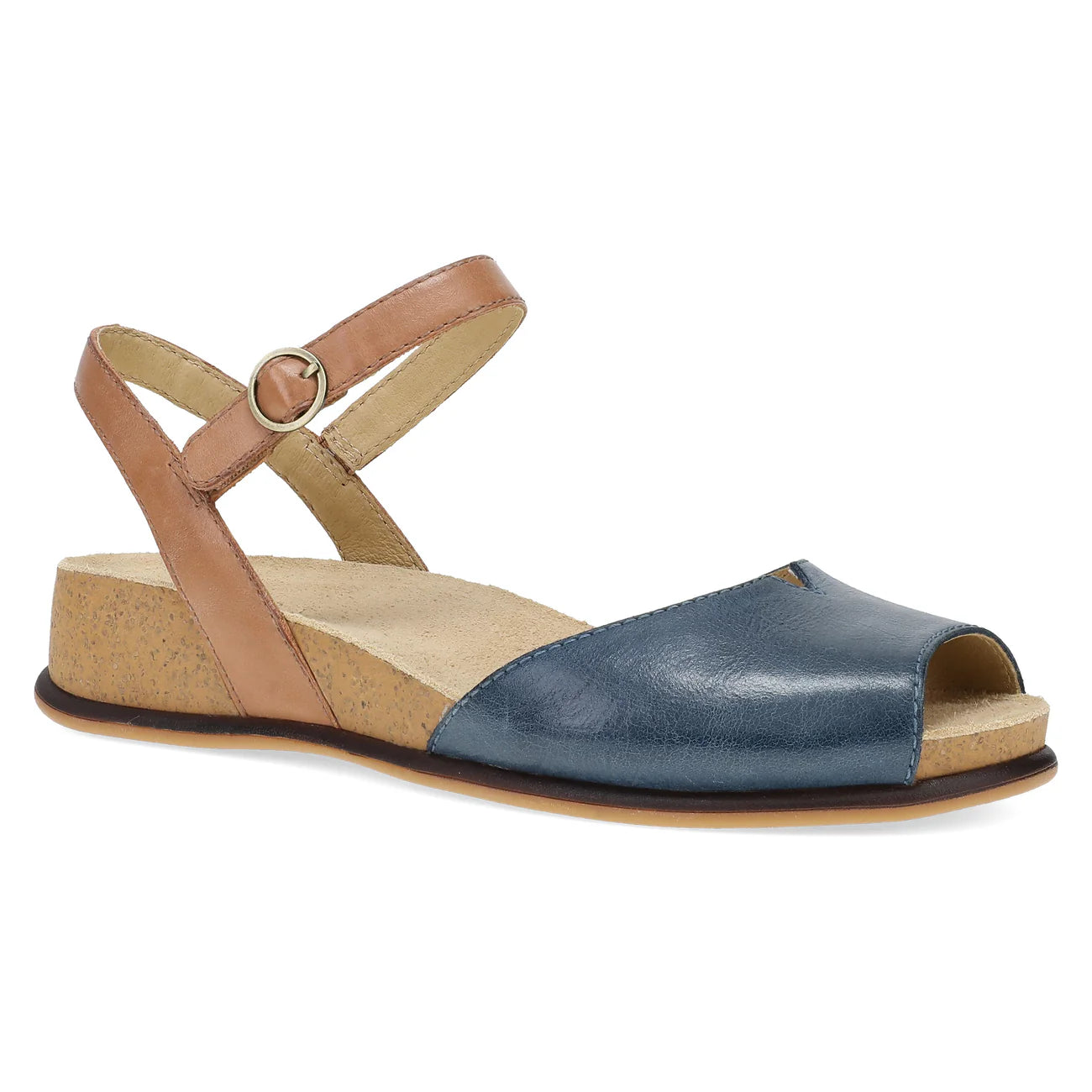 Blue sandal with cork wedge sole on a white background