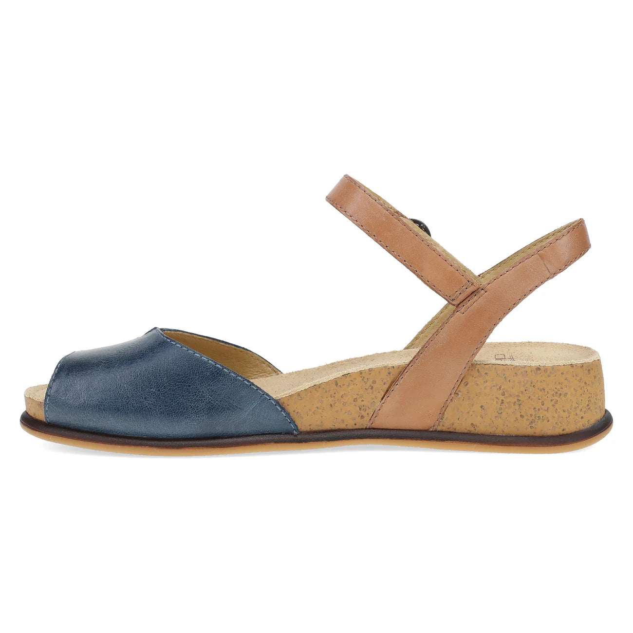 Blue sandal with cork sole on a white background