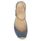 Blue sandal with tan insole on a white background