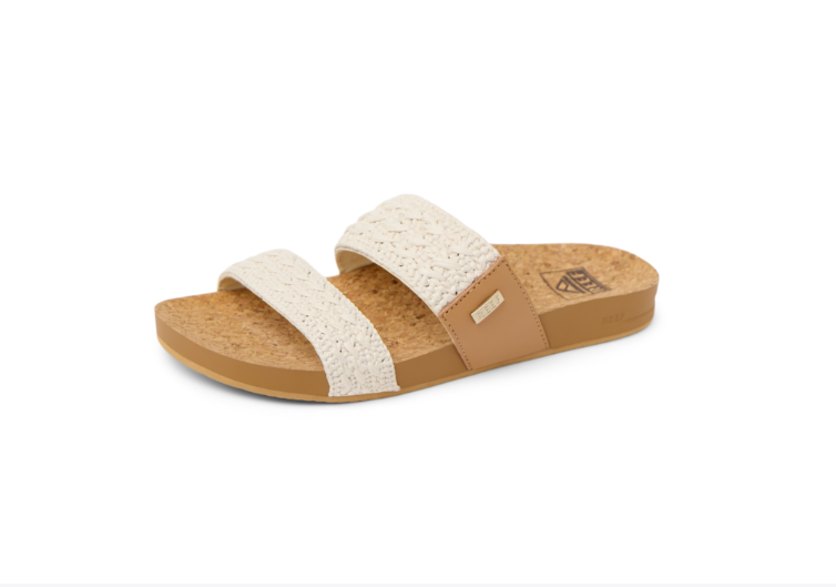 Beige sandal with white straps on a white background