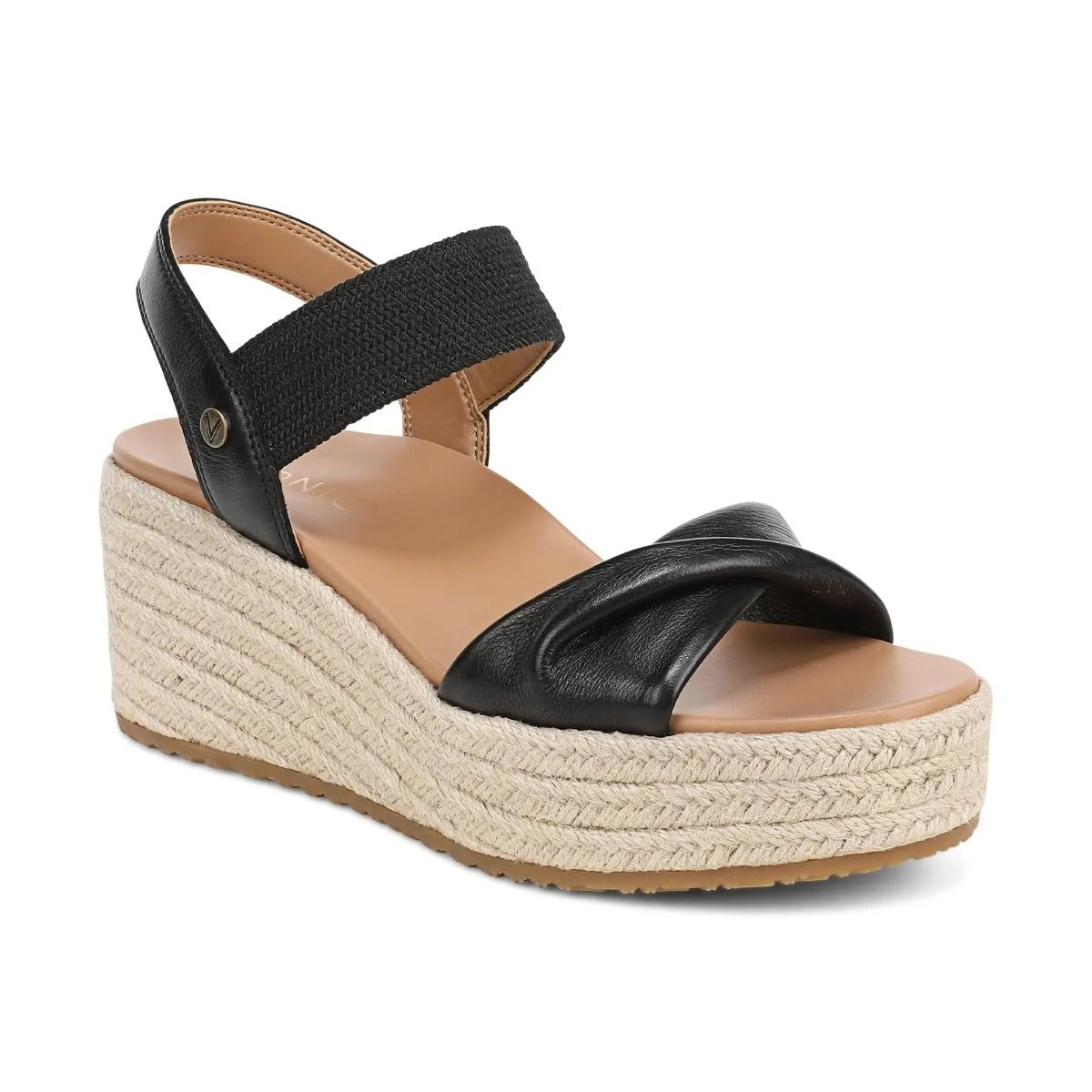 Black wedge sandal with espadrille sole on a white background