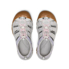 Pair of gray sandals with brown soles on a white background