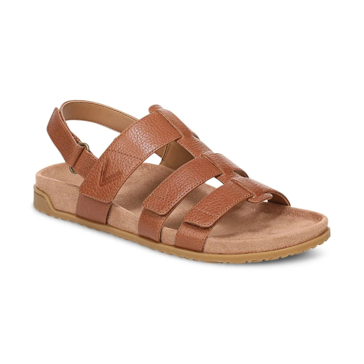 Brown sandal with multiple straps on a white background