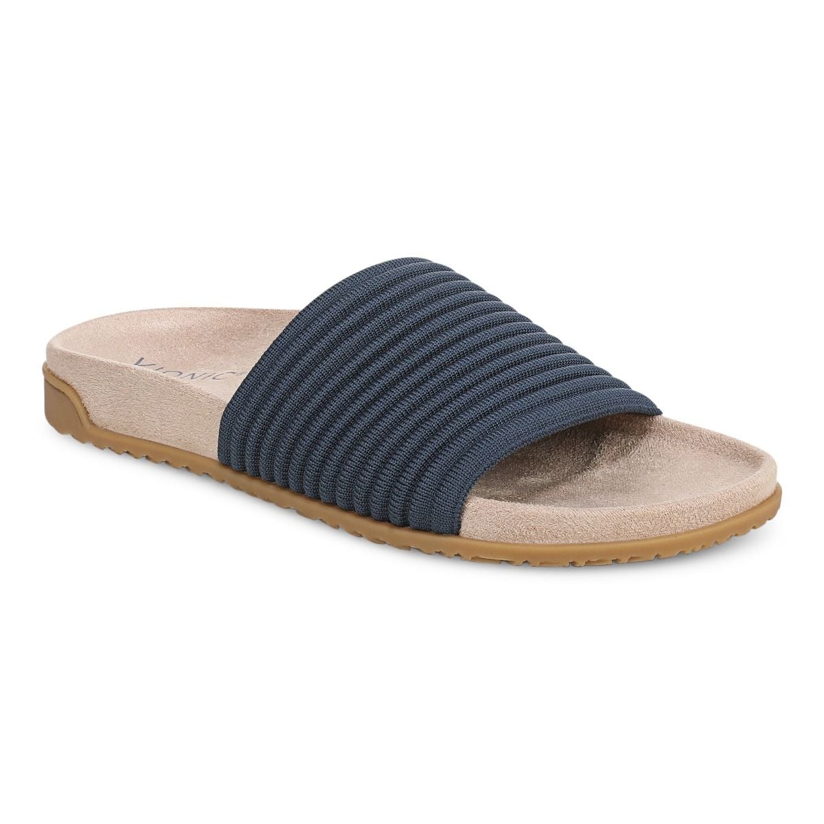 Navy slide sandal with a beige sole on a white background