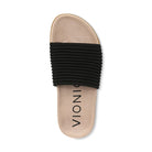 Beige sandal with black band and 'Vionia' branding on a white background