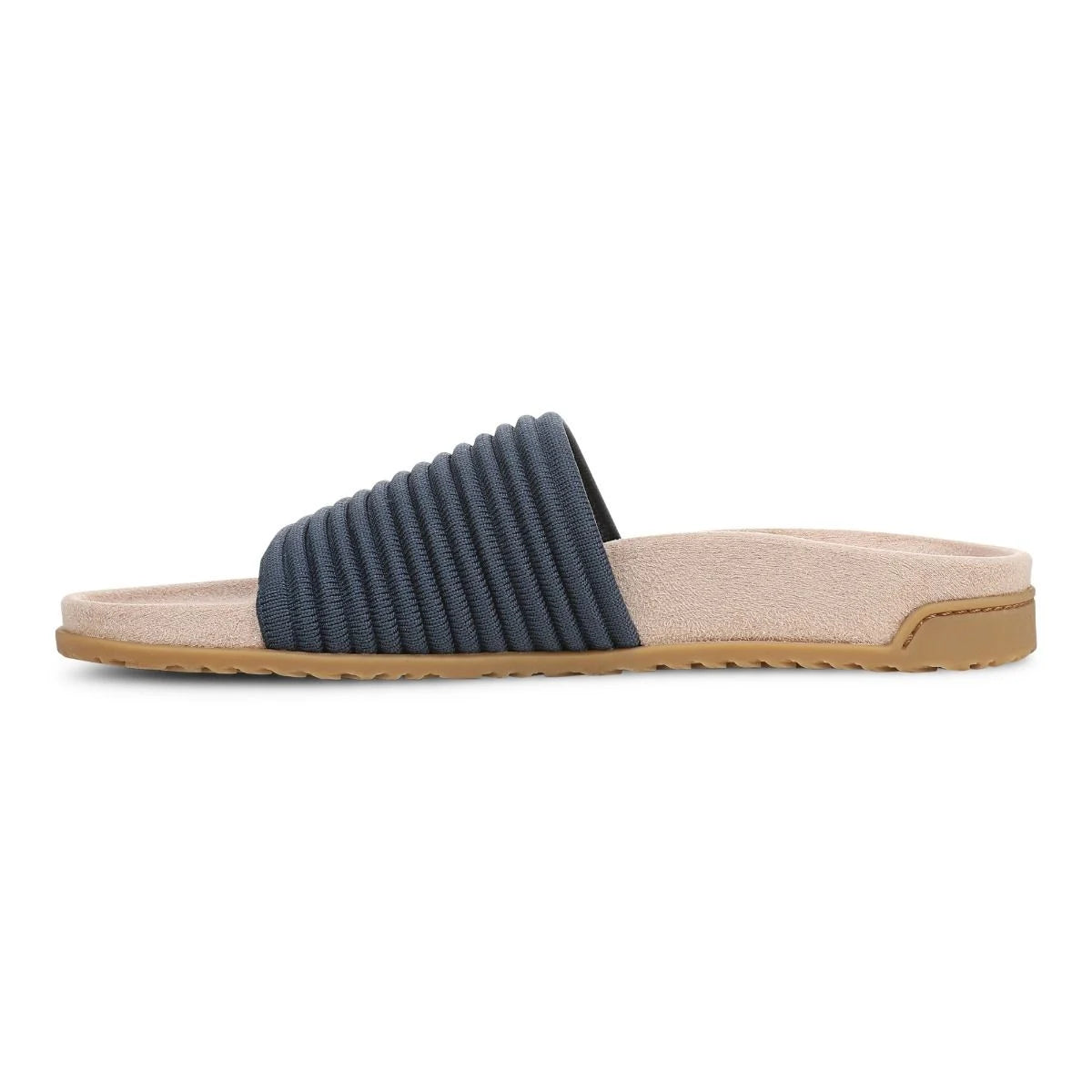 Navy slip-on sandal with a beige sole on a white background