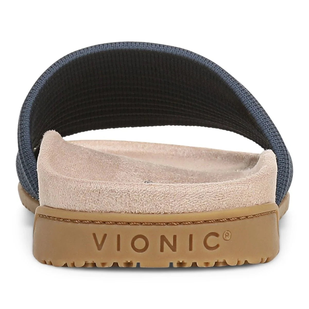 Vionic sandal with blue strap and beige sole on a white background