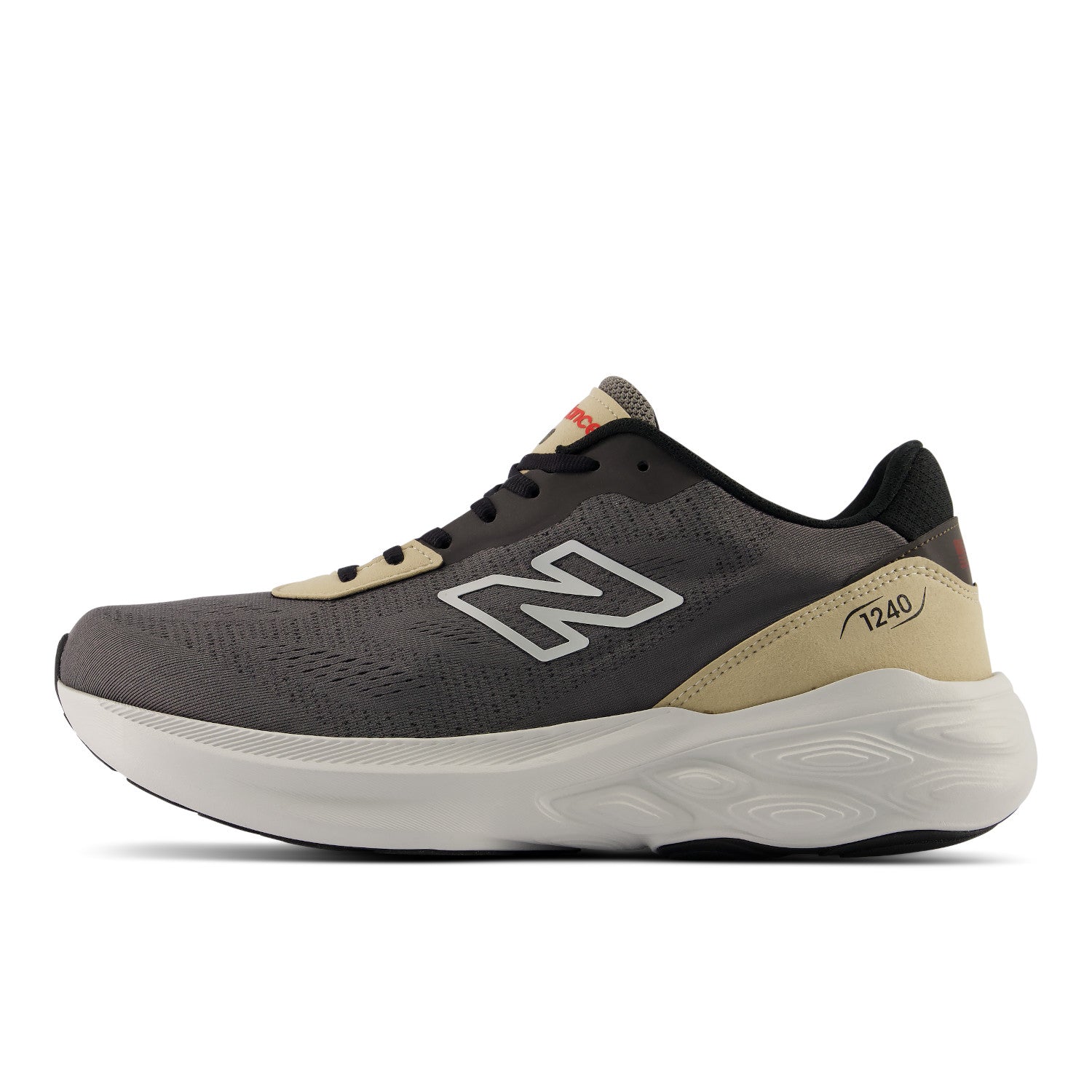 Black and beige running shoe with New Balance logo on a white background