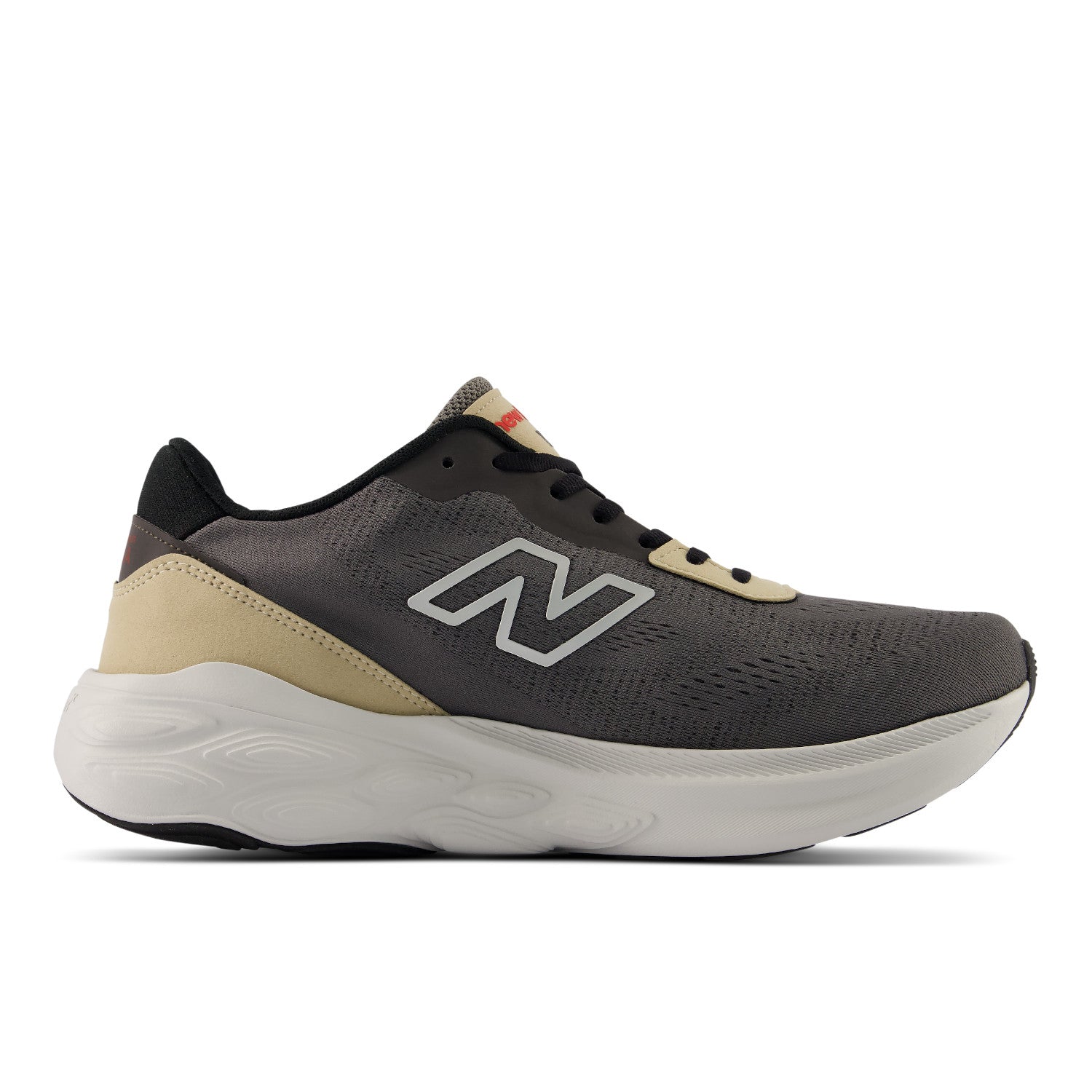 Gray and beige running shoe with New Balance logo on a white background