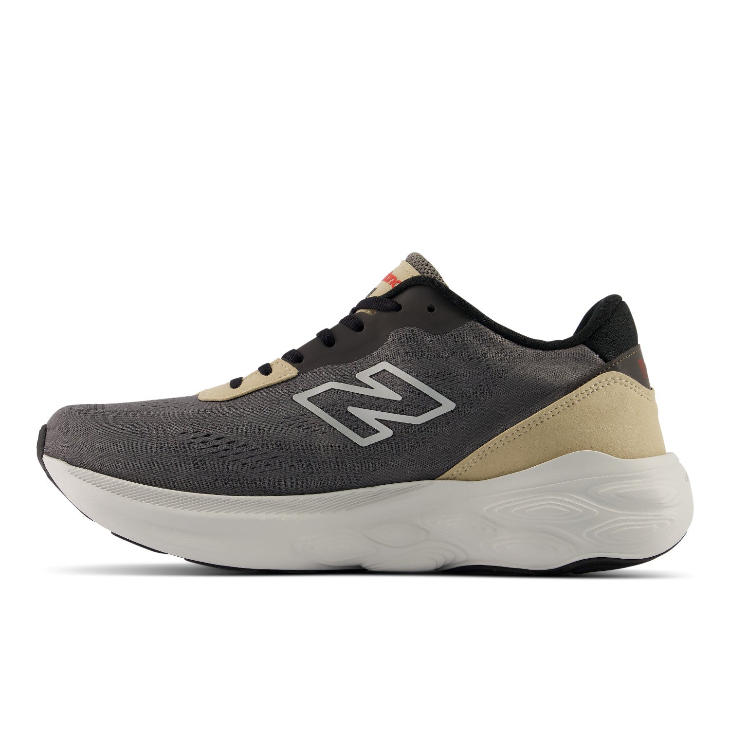 Gray and beige running shoe with New Balance logo on a white background