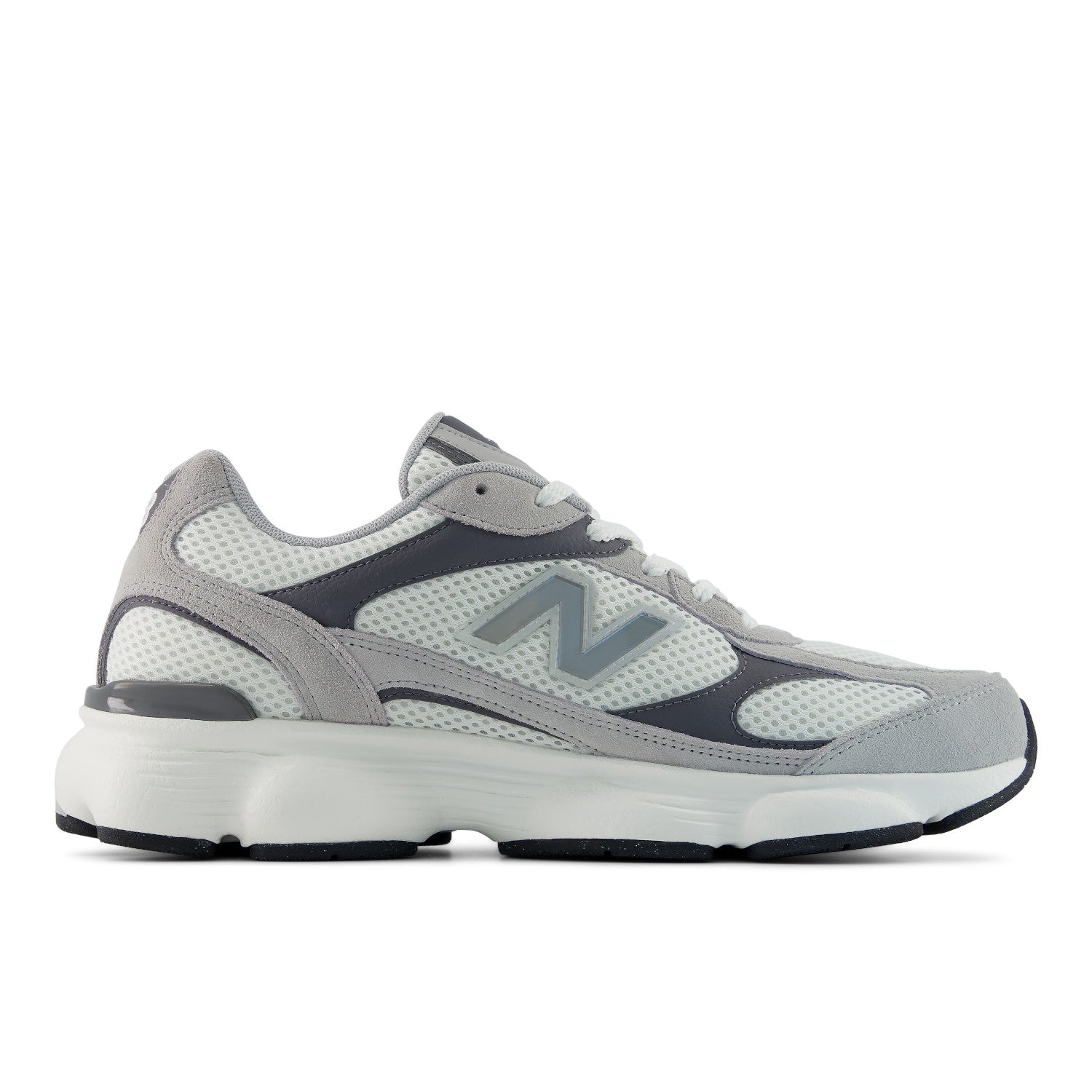 Gray and white sneaker with New Balance logo on a white background