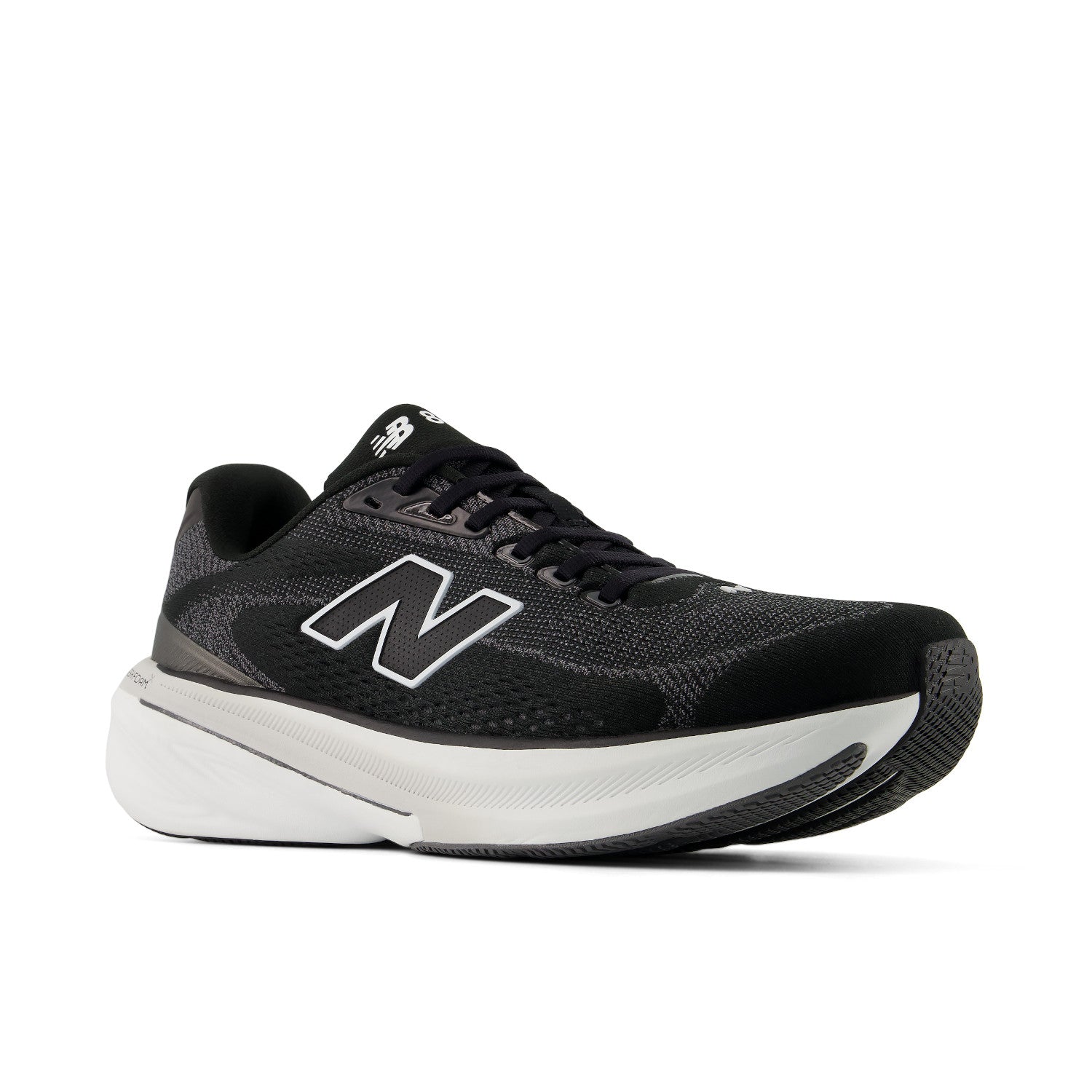 Black running shoe with white sole on a white background