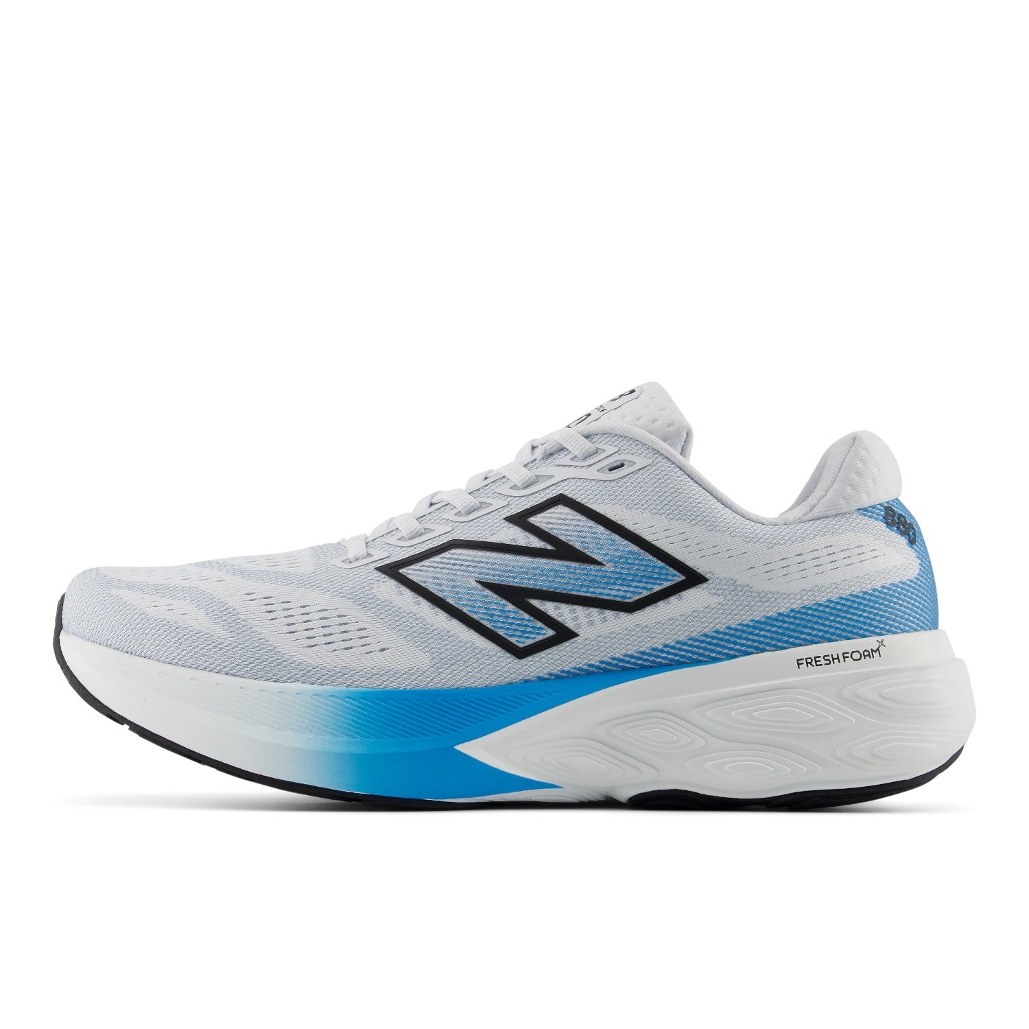 White running shoe with blue accents on a white background