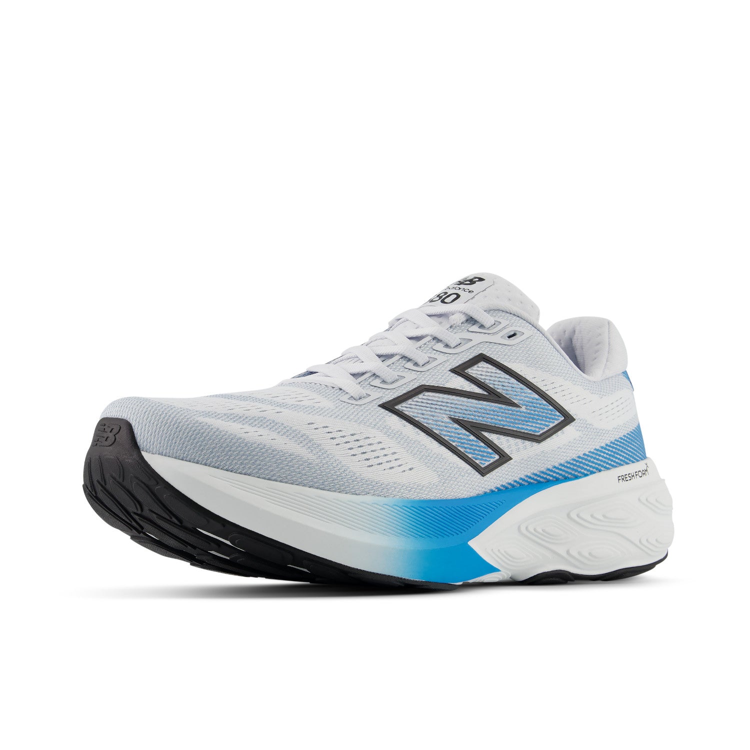 White running shoe with blue accents on a white background