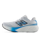 White and blue running shoe with New Balance logo on a white background