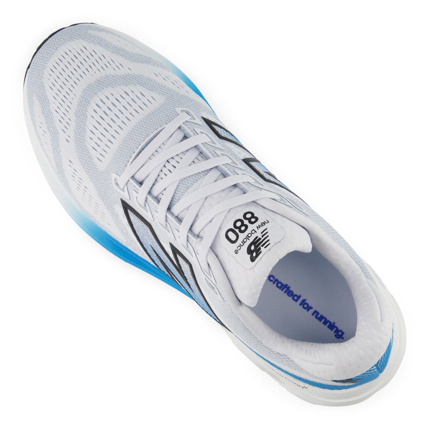 White running shoe with blue accents on a white background