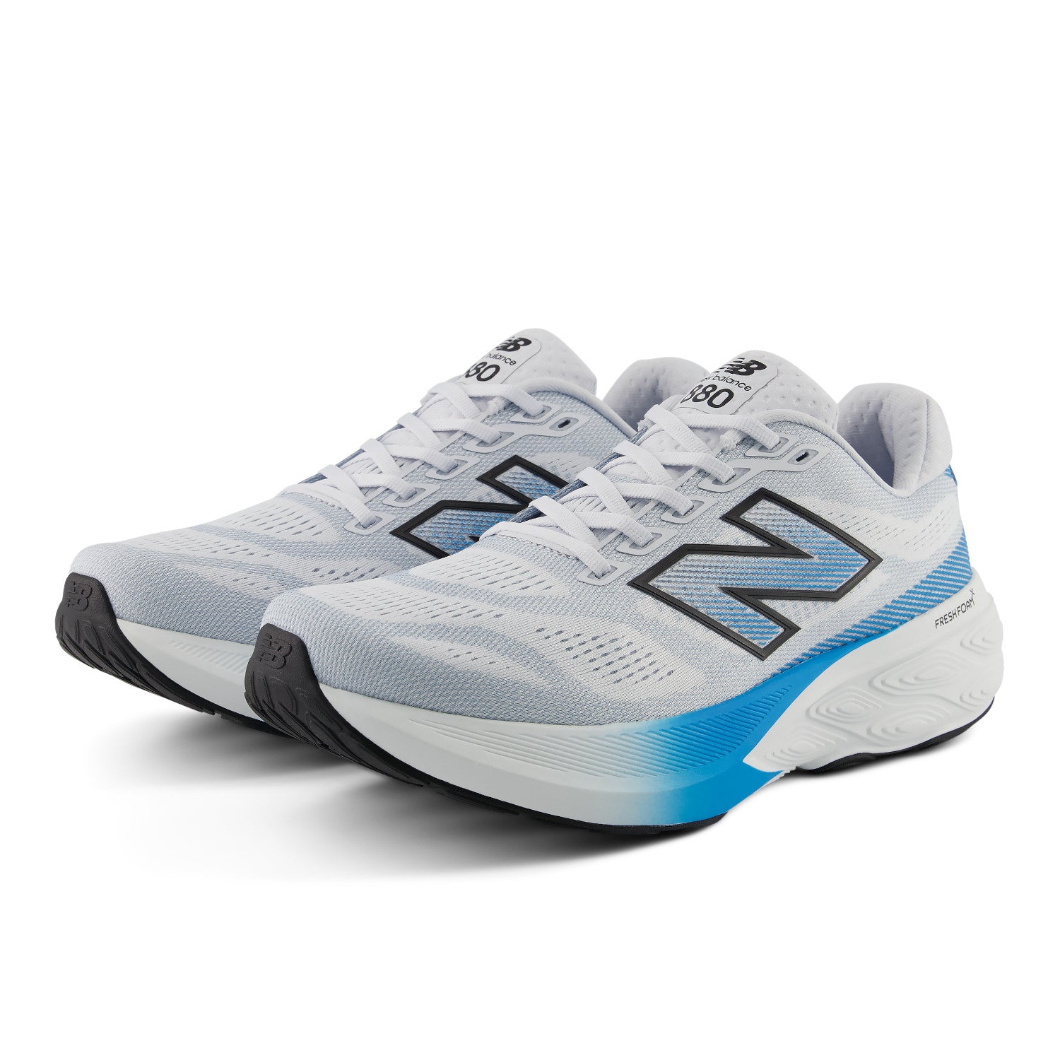 Pair of gray running shoes with blue accents on a white background