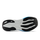 Close-up of a shoe sole with black, white, and blue design on a white background