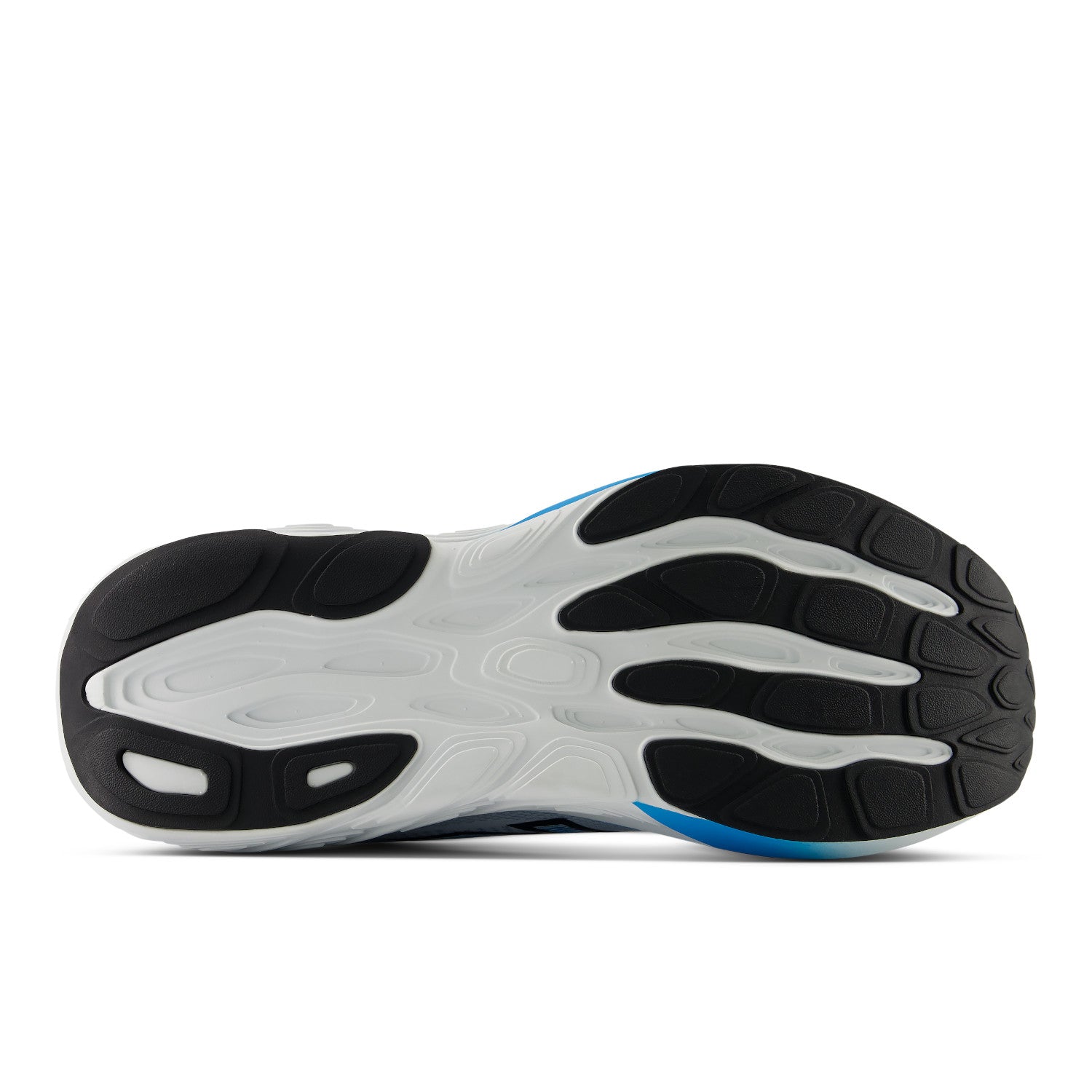 Side view of a shoe sole with black, white, and blue design on a white background