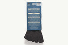 Pair of gray toe-separated socks with a blue packaging label on a white background
