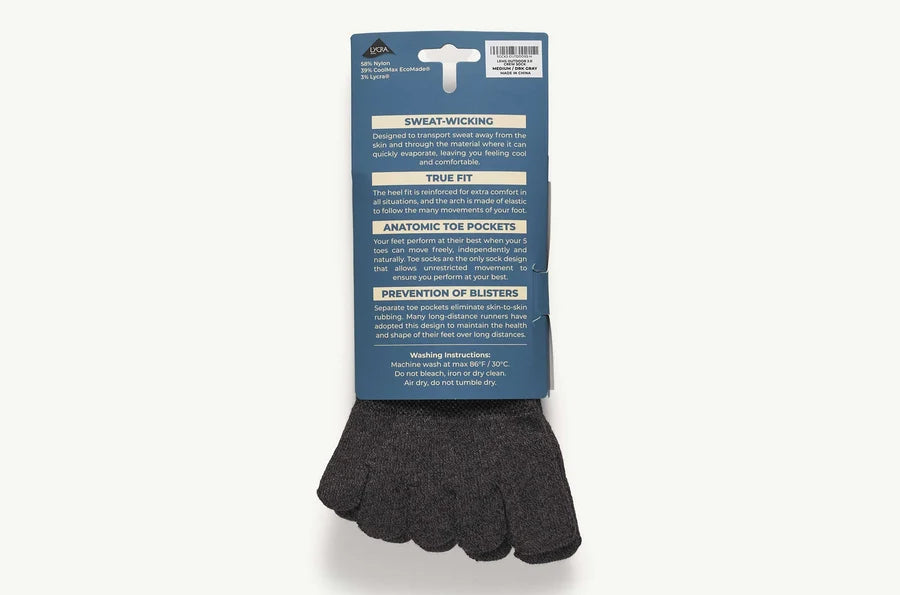 Pair of gray toe-separated socks with a blue packaging label on a white background